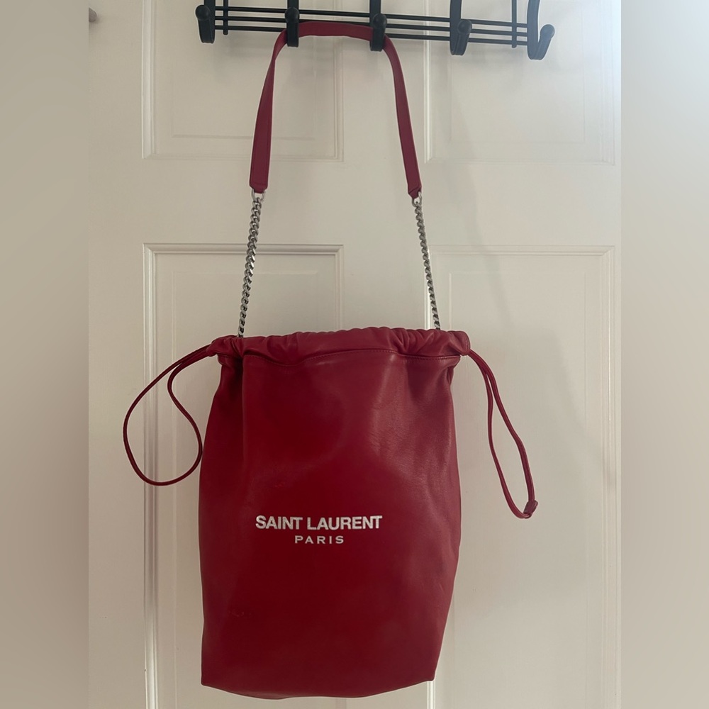 Saint Laurent Lambskin Teddy Drawstring Bag Eros Red - Picture 3 of 16